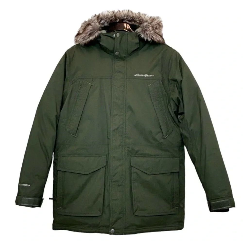 Eddie Bauer Men’s Superior Down Parka Jacket Large Army Green w Faux Fur Trim - Picture 4 of 17